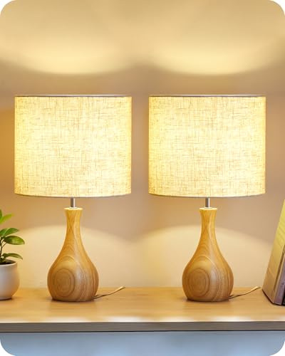 GOEBLESON Nachttischlampe aus Holz 2er Set, Moderne Tischlampe Wohnzimmer | Beige Nachttischlampe mit Kabel, Fensterbank Lampe, E27 2700K Birne, für Schlafzimmer, Nachttisch, Hotel ZME09TLDP205