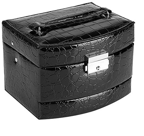 Yosoo - Caja de joyas con 3 bandejas de cajones, interior aterciopelado, 5 colores, cierre con llave, espejo, accesorios (negro)