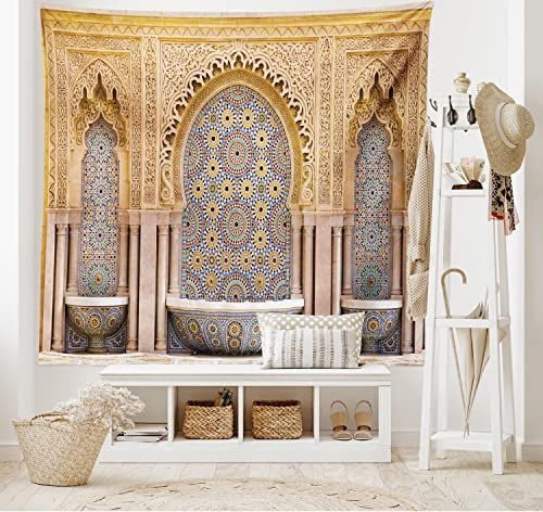 ABAKUHAUS Marokkanisch Wandteppich und Tagesdecke, Rabat Hassan Tower, aus Weiches Mikrofaser Stoff Wand Dekoration Für Schlafzimmer, 230 x 140 cm,Aprikose Pale Brown
