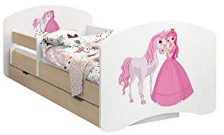 HappyBabies - Doppelseitiges Kinderbett MIT SCHUBLADE Modernes Design mit sicheren Kanten und Absturzsicherung Schaumstoffmatratze 7 cm Leichte Birne (Prinzessin mit Pferd, 160/80)