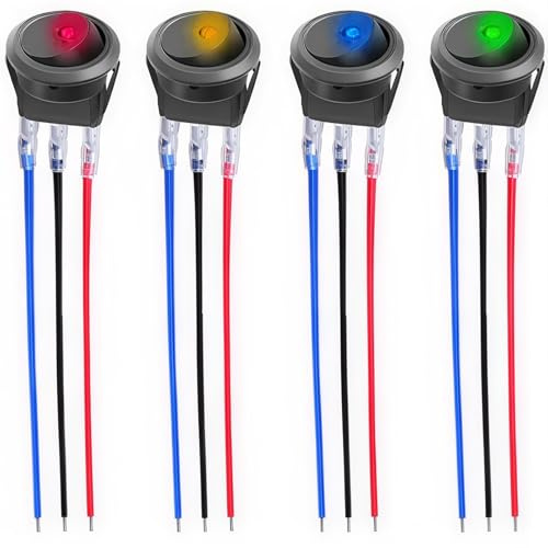 CESFONJER Wippschalter, 12V 20A / 24V 10A LED Rocker Kippschalter (mit 16AWG Draht) SPST On/Off für Auto Truck Off Road Boat Marine (4 Sätze) (Rot+Gelb+Blau+Grün)