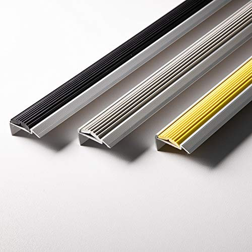 Floordirekt Treppenkantenprofil selbsklebend aus Alu mit rutschfester Gummi Kantenschutz für Laminat, Parkett, Treppen Stufenkantenprofil Treppenwinkel, Treppenprofil, Winkelprofil schwarz 90 cm