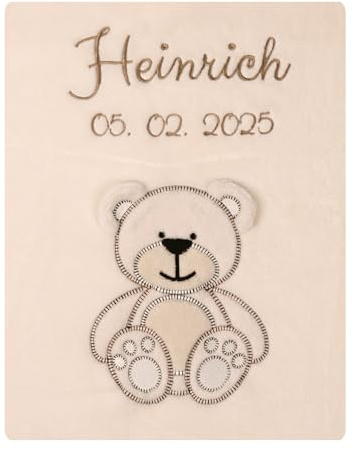 Wuff-Dogsworld Babydecke mit Namen und Geburtsdatum Bestickt, personalisierte Kuscheldecke, viele Motive & Farben, Geschenk zur Geburt für Mädchen & Jungen (beige Bär)