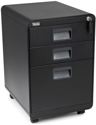 Yaasa File Cabinet Curved Schwarz, Rollcontainer 3 Schubladen&verschließbar | 100L Stauvolumen, alle Laden verschließbar, feststellbare, inkl. Stifteinsatz & hochwertiger Filzeinlage für Büro, abgerundet