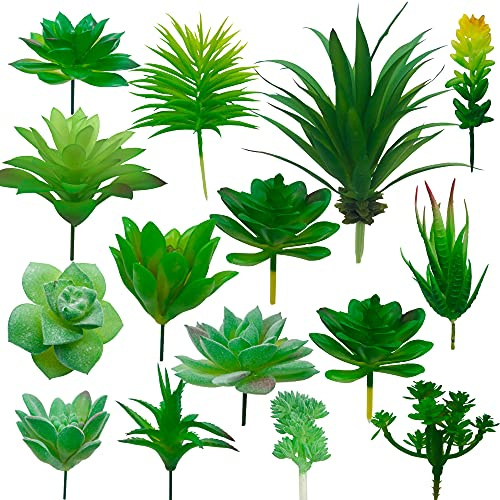 Cayway 14 PCS Artificial Succulent Plants, Green Fake Succulent, Unpotted Faux Succulent Assortment in Flocked Green in Different Type for Birthday Home Decor Indoor Wall Garden DIY