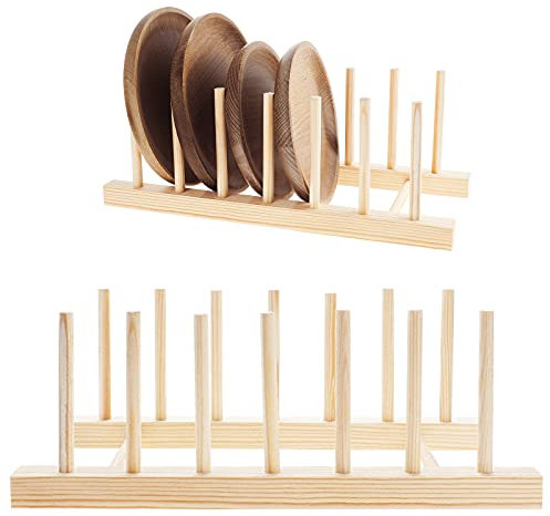 HonGien Küche Geschirrständer, 2 Stück Hölzernes Abtropfgestelle aus Holz, Ständer Topfdeckelhalter, Tablett Abtropffläche für Vorratsschüssel, Geschirr,Tassen,Buch (6 Steckplätze)