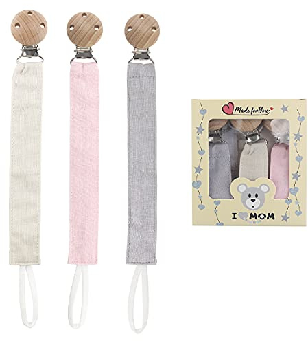 RUBY 3PCS Cadena Portachupete Set con Pinza de Madera de Haya Natural, Chupetero Tela, Regalo Bebe (Rosado)