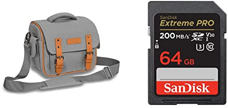 PEDEA Sacoche pour Appareil Photo DSLR Vintage Sac Photo pour Appareil Photo réflex avec Protection Contre la Pluie étanche, Taille XL Gris & SanDisk 64 Go Extreme Pro Carte SDXC + RescuePRO Deluxe