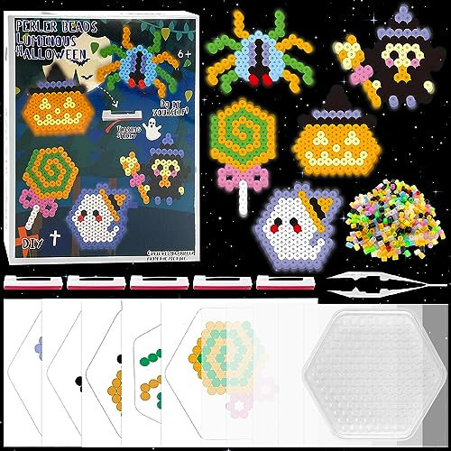 TOPJOWGA Halloween Bügelperlen Set, 420 Stück Leuchtend Steckperlen Mit Muster-Karten, Platte, Bügelpapier Zum Basteln DIY Geschenk Mitgebsel