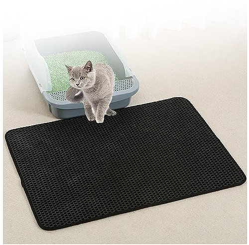 Katzenklo Matte, 60 x 90cm/116 x 66cm Katzenmatte,Waben Doppelschicht Design Katzenklo Unterlage, Urin-und Wasserdichtes Material,Easy Clean Streukontrolle,24X35In-Black