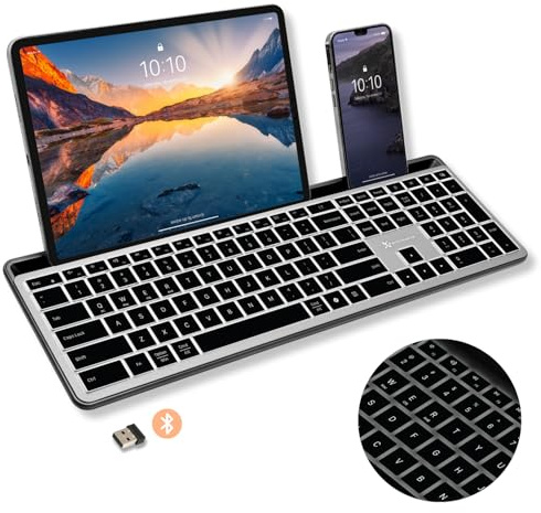 X9 Full Size Bluetooth Keyboard with Phone Holder - Backlit Wireless Keyboard, Switch Multi Device, Quiet, Slim, Rechargeable, w/Copilot for iPhone, Tablet, PC, Mac, iPad, MacBook, iOS, Android - Gray