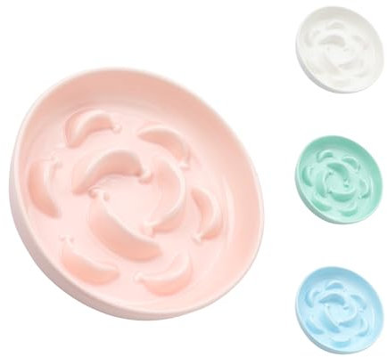 Ceramic Cat Slow Feeder Bowl - Pastel Series Cat Plate for Dry and Wet Food - Cute Maze Feeder Dish for Healthy Eating - Dishwasher Safe - 6.3''W x 1.2''H - 7 OZ - Light Pink