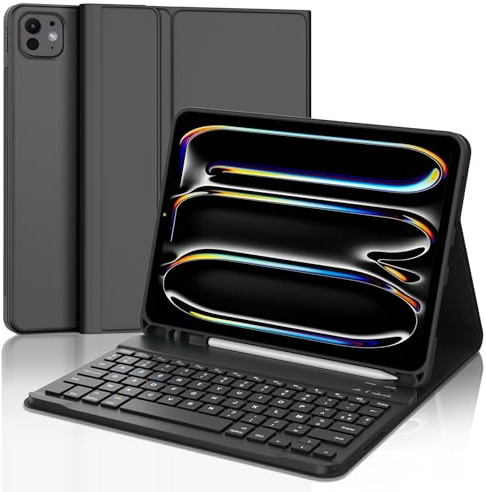JADEMALL Étui Clavier pour iPad Pro 11 (M4) 2024, Coque avec AZERTY Français Bluetooth Magnétique Détachable, Fente pour Stylo, Noir