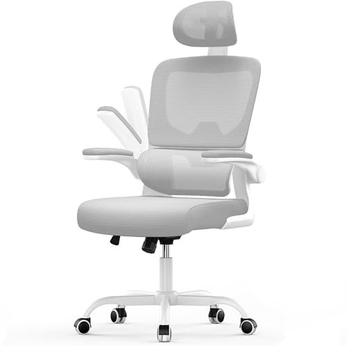 rattantree Ergonomischer Bürostuhl, Schreibtischstuhl mit Verstellbarer Kopfstütze und Armlehnen, C-förmige Lordosenstütze, Drehstuhl mit Rollen für das Home Office, Grau