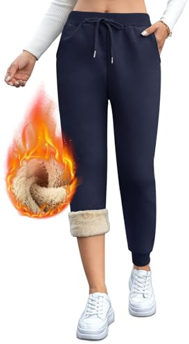 Aisprts fodrade joggingbyxor för kvinnor, termobyxor för kvinnor, vinter, tjocka varma fleecebyxor, sweatbyxor med 2 fickor, elastisk, linning dragsko, T1 marinblå, XL