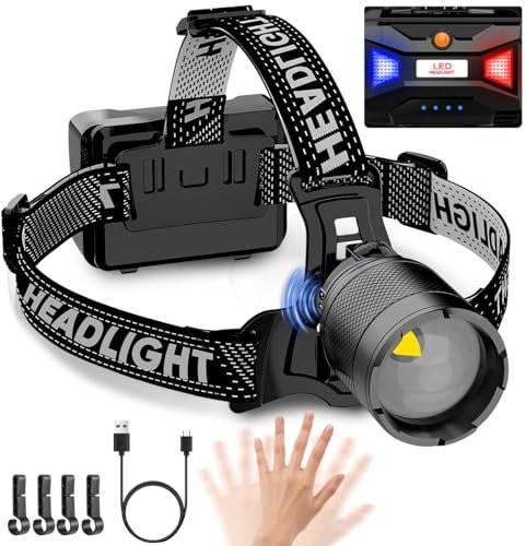 LED Stirnlampe Rotlicht mit Bewegungssensor, Kopflampe Extrem Hell 20000 Lumen, Wiederaufladbar Kopfleuchte mit Powerbank, 3 Modi, Einstellbarer Fokus für Wandern Angeln Arbeiten Reparatur Abenteuer