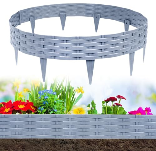 Froadp Rattan Optik Beeteinfassung Rasenkante Set, 100cm Beetumrandungen Kunststoff Rasenkantensteine, Plastik Rasenbegrenzung Beetzaun, Beetabgrenzung Garten Palisaden (15m=15 Stück, Grau)