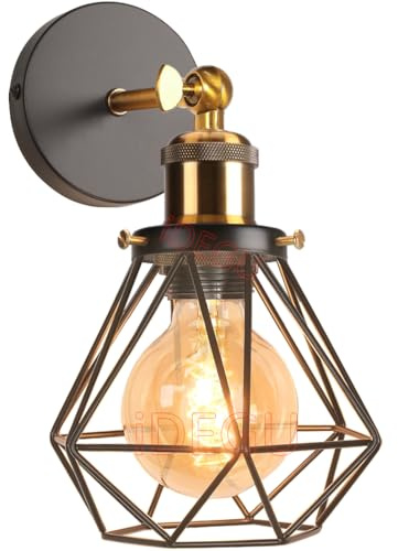 iDEGU Vintage Wandleuchte 16cm Wandlampe Innen Industrie Lampe Käfig Lampenschirm Schwarz aus Metall Verstellbare Deckenleuchte Wandleuchte für Schlafzimmer Küche Flur Wohnzimmer (Messing Fassung)