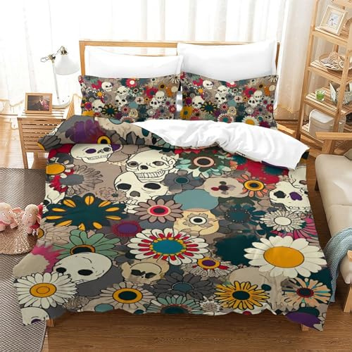 GPARSDDIO Skull Set Di Biancheria Da Letto Stampato in 3D Con Federa, Fodera Per Piumino Da Con Chiusura A Cerniera, Microfibra Morbida Adatto A Bambini Adulti Single（140x200cm）