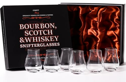 comfit Whiskey, Scotch, Bourbon Tasting Glasses - Set of 6 - Professional 4.5 oz Stemless Tulip Shaped Tasting and Nosing Copitas - Small Crystal Snifters Glasses Gifts