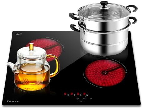 Cazooo Piano cottura in vetroceramica, da incasso a 4 zone, 60 cm, con controllo touch, 6000 W, 9 livelli di potenza, blocco di sicurezza, timer, cablato, nero