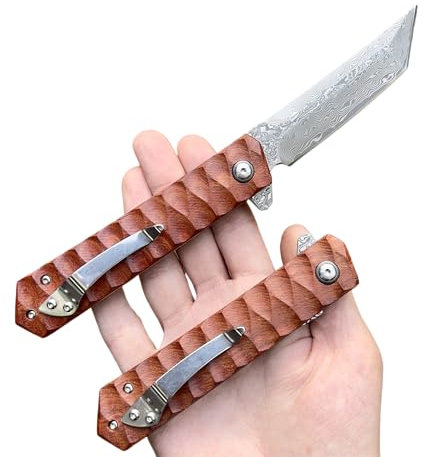 Obespina Couteau Pliant Poche Damas Tanto Style Japonais 67 Couches VG10 lame Tranchante Manche bois Collection Cadeau Homme edc custom luxe acier forge artisanat decoupe camping