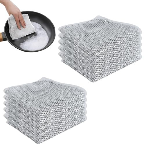 hioseyre 10Pcs non-scratch Scouring Cloths, Multi-purpose Metal Cleaning Cloth, Reusable lint-free Rags, Wet and Dry, Anti-scratch Steel Wire Dish Cloth Kitchen Cleaning Coth