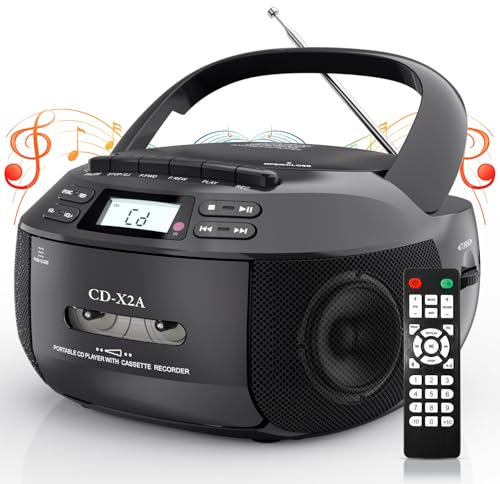 CD Player with Radio, Boombox Cassette Player Combo with Bluetooth, AM/FM Radio, Remote Control, Dual Speakers Stereo Sound, Dual power supply, Cassette Player for Home, Kids black