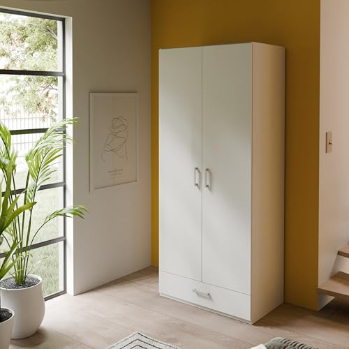 Forte ECONOBOX Kleiderschrank 90, klassischer Schrank mit Zwei Drehtüren und 1 Schublade, Holzwerkstoff, Weiß, 88,9 cm breit, 210,5 cm hoch, 54,2 cm tief