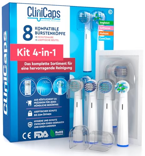 8 Aufsteckbürsten Zahnbürstenköpfe Kompatibel mit Oral-B CliniCaps Kit 2 AngleAct + 2 CoreClean + 2 PinPoint + 2 SoftSense Doppelter Schutz mit Aseptikbeutel und Schutzkappe