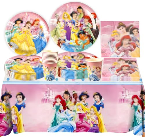 Party Decorations Tableware Set Girls- Birthday Party Plates Princess Themed Party Supplies 51PCS Parties Paper Plates Cups Napkins Tablecloth Part Favors for Kids Baby Shower Deco