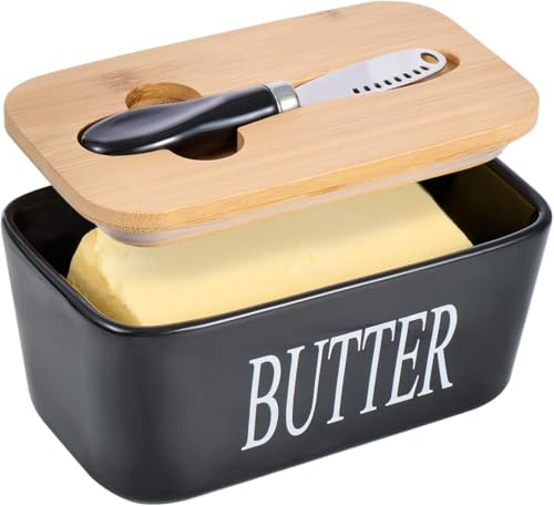 Large Butter Dish,Ceramic Butter Dish with lid and Knife,Quality Silicone Sealing Butter Dishes is Good for Kitchen Baking and Gift,Black