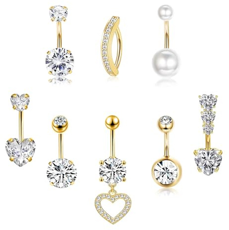 Habselikob Piercing Nombril Acier Chirurgical 14G Piercing Nombril Anneau pour Femme CZ Cœur Papillon Clicker Piercing Ventre Anneau de Nombril Piercing Bijoux de Corps (8Pcs Or)