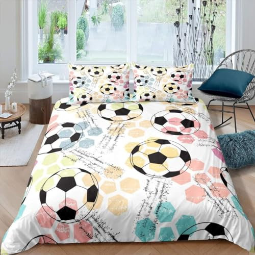 Loussiesd Juego de ropa de cama infantil con diseño de balón de fútbol, transpirable, colorido, estilo grunge, tamaño King