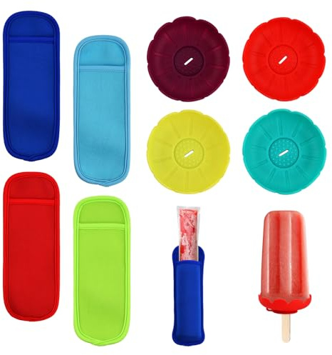 Zimoer 4-Pack Flower-Shaped Ice Pop Holders & 4-Pack Ice Pop Sleeves Set – Reusable, BPA-Free, No Drip, Secure Grip for Kids – Fun & Practical Ice Cream Accessories for Summer Treats!
