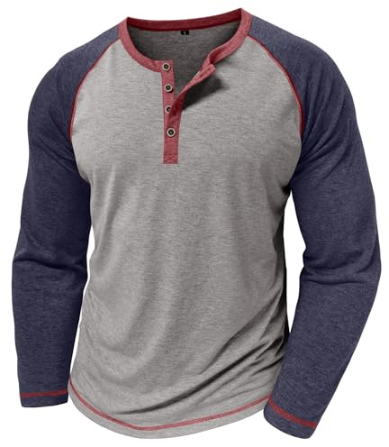 MakingDa Chemises Henley pour Hommes à Manches Longues Raglan Sans Col T-Shirt Coupe Ajustée Boutons Bloc de Couleur Chemise Grandad Décontractée Smart Tee Tops, gris, L