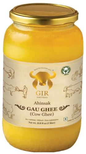 GIR GAUVEDA Grass Fed A2 Gir Cow Ghee 33.8 Oz (1000 ML) | Clarified Butter | Non-GMO, Lactose-Free, Keto Friendly | Bilona Method | Ahinsak Gau Ghee
