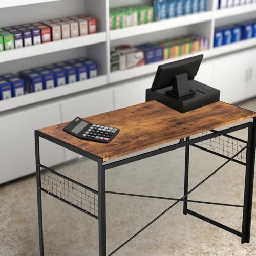 FurnitureR Empfangstisch Klappbar 100x50cm - Mobiler Thekentisch mit Metallgitter & Haken, Stahlgestell, 50kg belastbar, schnelle Montage, platzsparend (Braun Holzdekor)