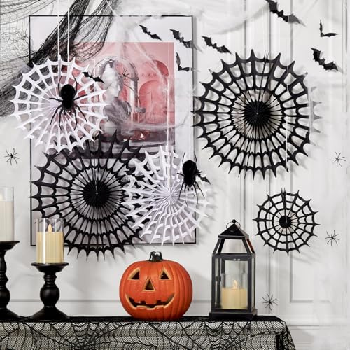 Spider Webs Halloween Decorations with 5 Black White Paper Fans, 6 Fake Spiders and 12 Bat Wall Stickers for Wall Indoor Outdoor Halloween Party Decor