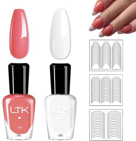 French Manicure Nail Polish Set, 2 PCS Nail Varnish Quick Dry with 3PCS French Tip Stickers, Glossy Pearl Pink Nail Polish & White for Home DIY , No UV Lamp Needed - French Manicure Kit