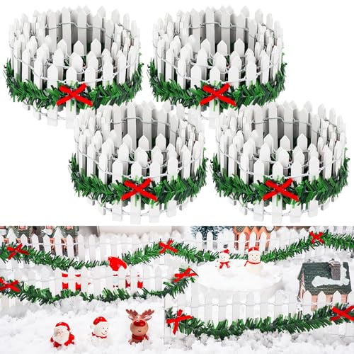 4 PCS 35 Inch Mini Christmas Garden Fence, White Miniature Fairy Garden Fence Mini Wood Picket Ornament Fence for Dollhouse Village Landscape Home Garden Plant