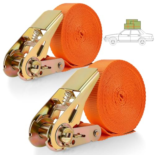 2 Pièces Sangle à Cliquet avec Crochets, 12 m x 25 mm, Résistance 800kg, Sangles D'arrimage à Cliquet Protection Anti-Rayures, Sangle de Fixation à Cliquet Réglable pour Transport, Moto, Déménagement