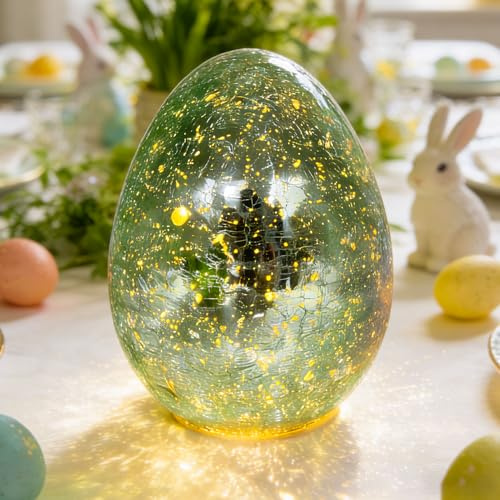 LED Osterei mit Timer, 17,5cm Grün Glas Ostereier mit LED Licht, Crackle Look Ostern Deko Eier Batteriebetrie, Osterdeko Innen Tischdeko Nachtlicht Osterbeleuchtung Fenster für Zuhause Party (Eier)