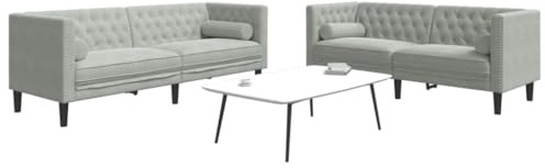 Mandloder 2-TLG. Chesterfield-Sofa-Set mit Nackenrollen, Hellgrau Samt, Polstersofa für Wohnzimmer, Moderner 2- & 3-Sitzer Couchgarnitur, Sektionale Sofas für Zuhause