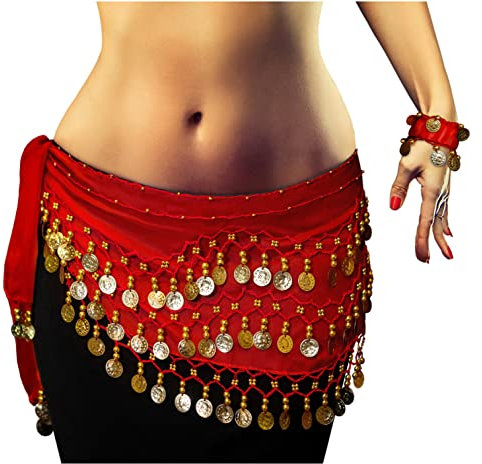 MyBeautyworld24 Belly Dance Bauchtanz Kostüm rot Hüfttuch inkl. EIN Paar Handketten Fasching Karneval Tanzaufführung