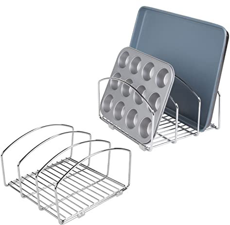 mDesign 2er-Set Küchen Organizer – Geschirrablage mit 3 Fächern für mehr Ordnung in der Küche – Geschirrhalter aus verchromtem Metall für Schneidebretter, Backformen etc. – silberfarben