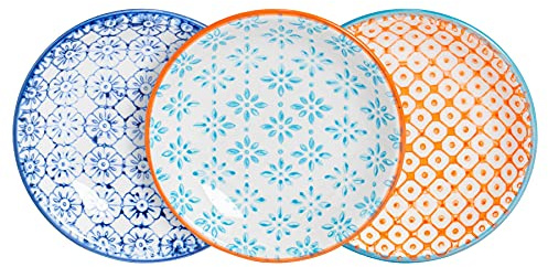Nicola Spring Handbedruckte Soßenschälchen – 3 Farben – 3er-Set | 10cm Vintage-Steingutschalen für Sojasoße, Dips, Chutney, Gewürze, Sushi, Tapas & Häppchen
