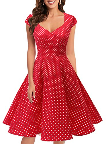 bbonlinedress Women's 50s 60s A Line Rockabilly Dress Cap Sleeve Floral Vintage Swing Party Dress Red Small White Dot S