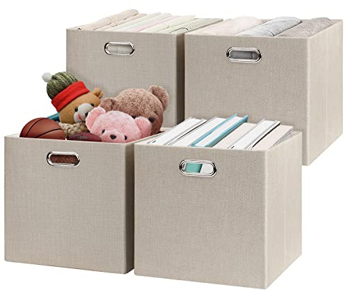 Posprica Storage Cube Basket Bins,13×13 Foldable Storage Boxes for Closet Organizer Shelf Cabinet Bookcase,Thick Fabric Drawer,Set of 4, Beige