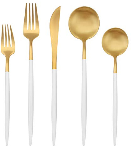 Matte Gold Silverware Set with white handle, Bysta 5-Piece Stainless Steel Flatware Set, Kitchen Utensil Set Service for 1, Tableware Cutlery Set for Home and Restaurant, Satin Finish, Dishwasher Safe